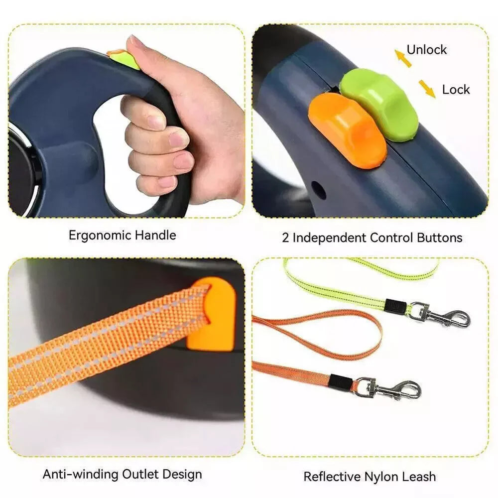 Dual Retractable Dog Leash with Reflective Design & 360° Swivel