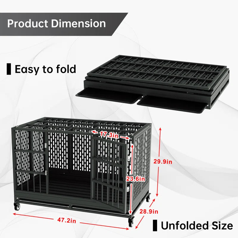 RERORD 48-Inch Heavy Duty Dog Crate with Wheels – Extra Large Folding Metal Dog Cage