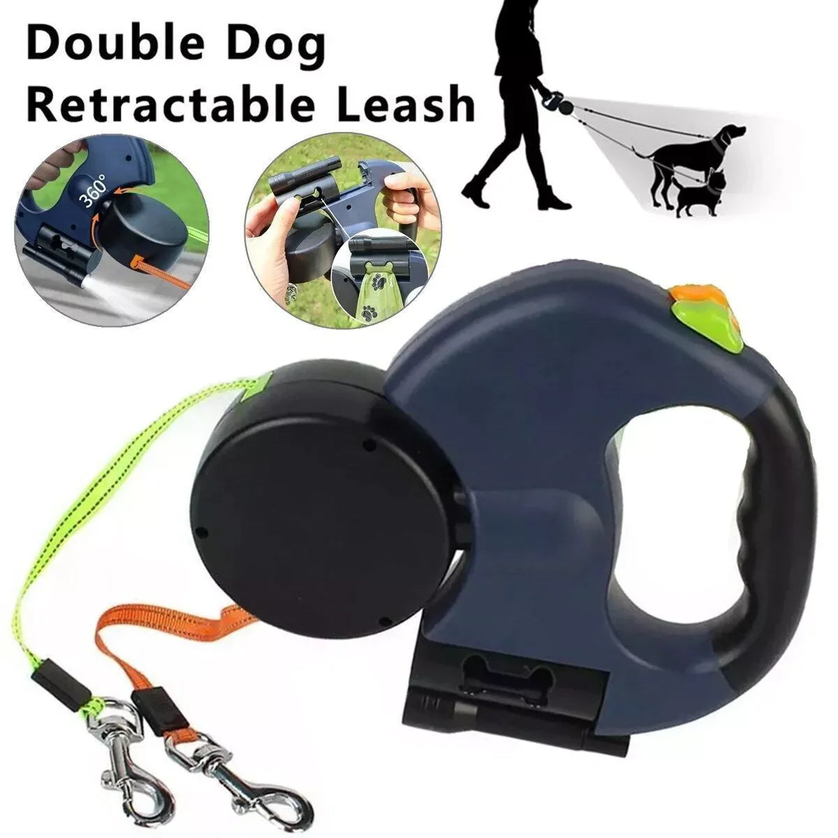 Dual Retractable Dog Leash with Reflective Design & 360° Swivel