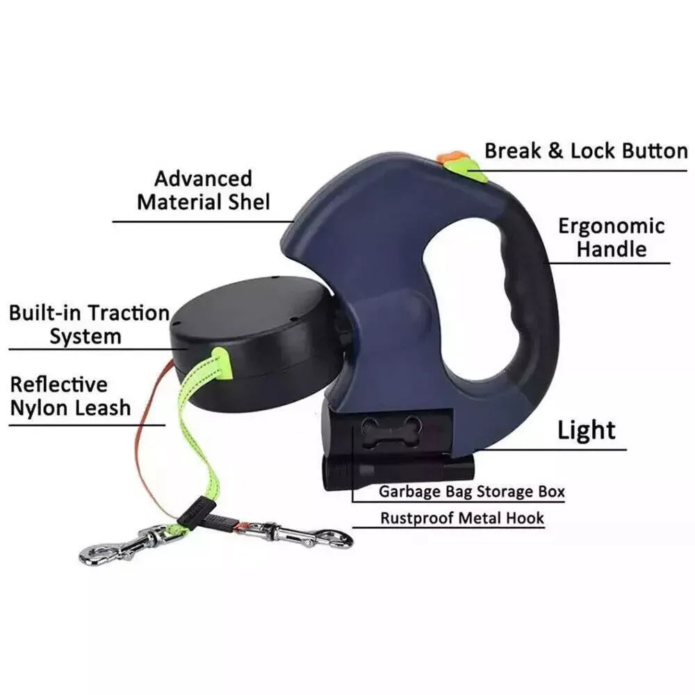 Dual Retractable Dog Leash with Reflective Design & 360° Swivel