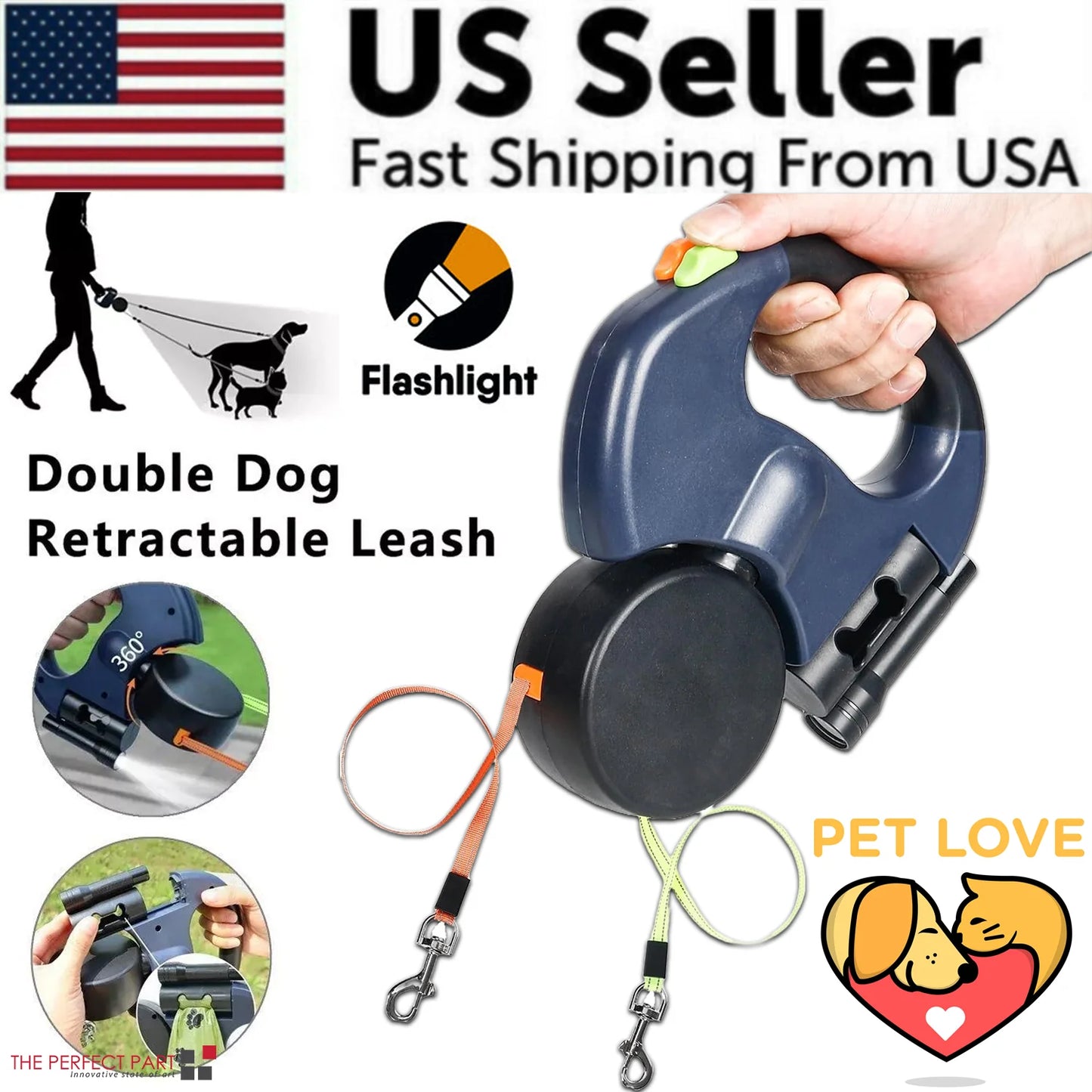 Dual Retractable Dog Leash with Reflective Design & 360° Swivel