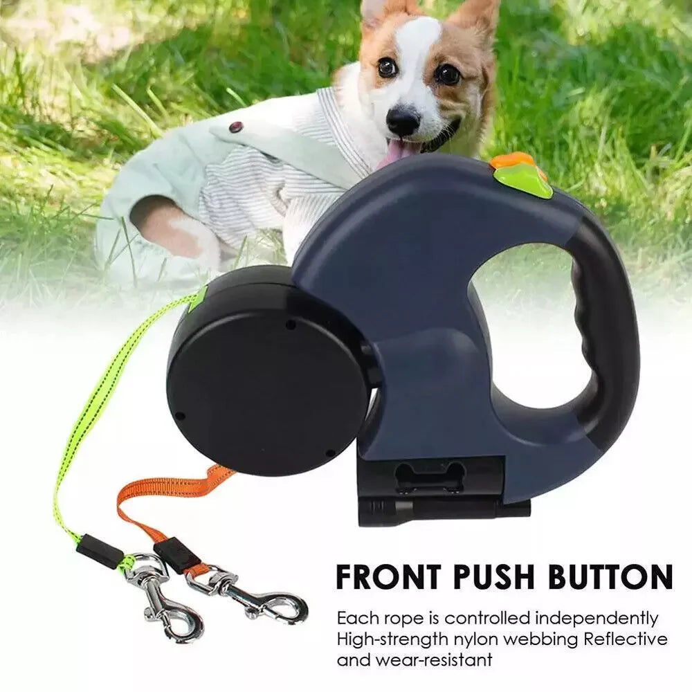 Dual Retractable Dog Leash with Reflective Design & 360° Swivel