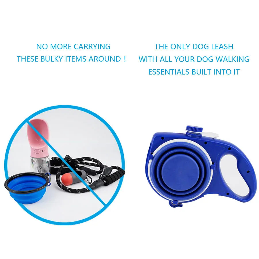 4-in-1 Durable Retractable Dog Leash with Water Bottle and Bowl