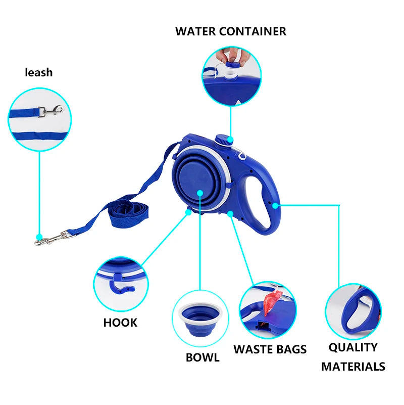 4-in-1 Durable Retractable Dog Leash with Water Bottle and Bowl