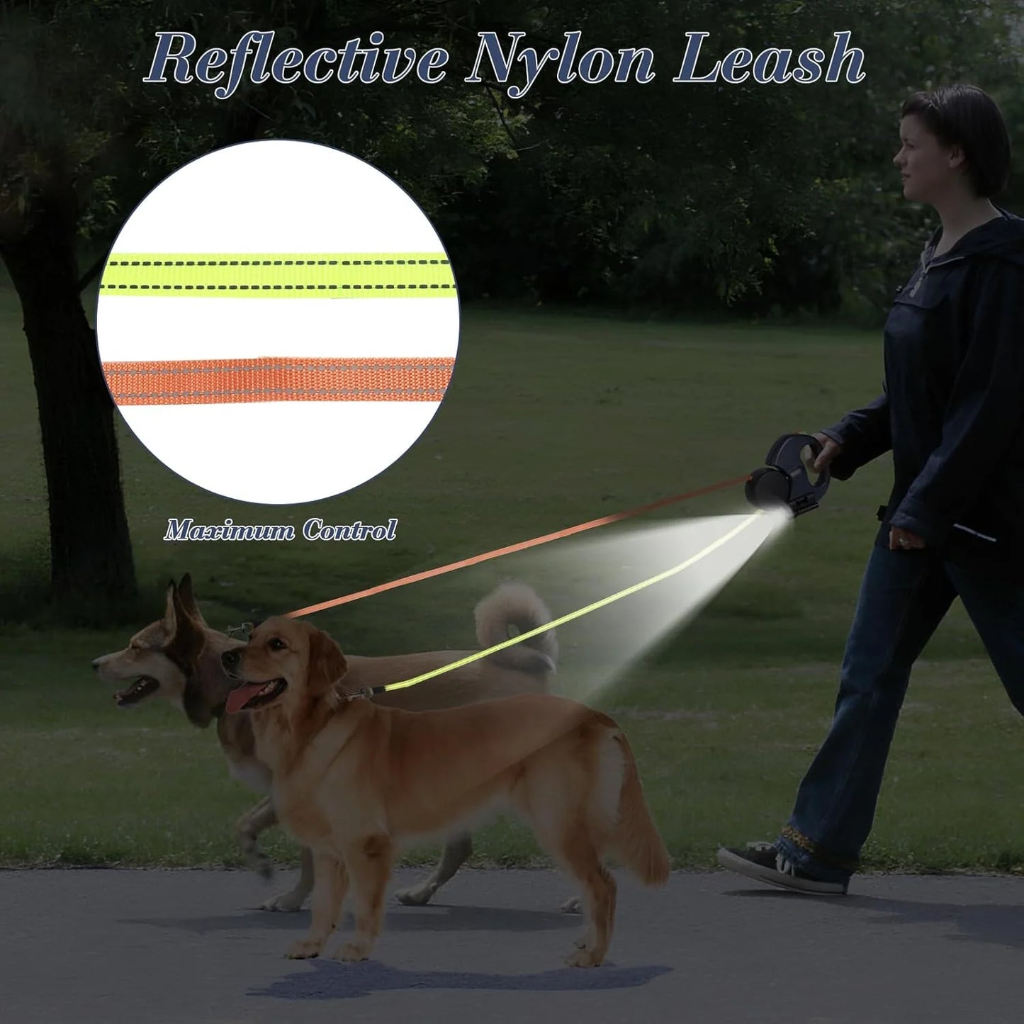 Dual Retractable Dog Leash with Reflective Design & 360° Swivel