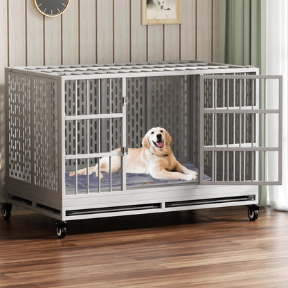 RERORD 48-Inch Heavy Duty Dog Crate with Wheels – Extra Large Folding Metal Dog Cage
