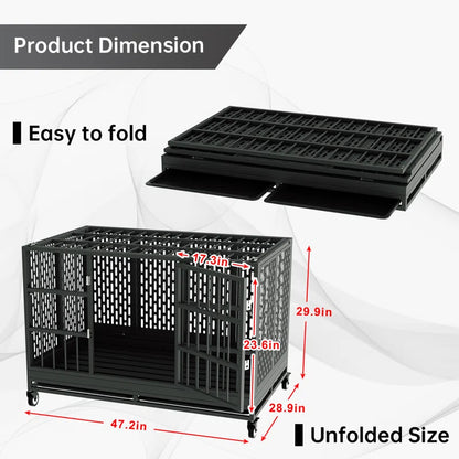 RERORD 48-Inch Heavy Duty Dog Crate with Wheels – Extra Large Folding Metal Dog Cage