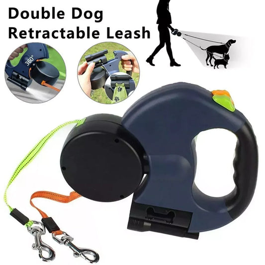 Dual Retractable Dog Leash with Reflective Design & 360° Swivel