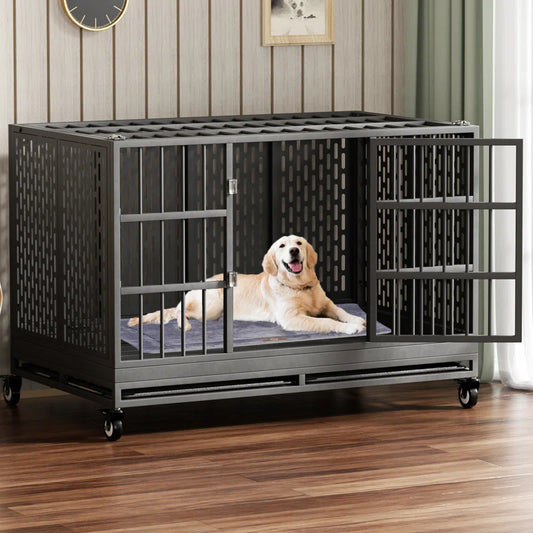 RERORD 48-Inch Heavy Duty Dog Crate with Wheels – Extra Large Folding Metal Dog Cage
