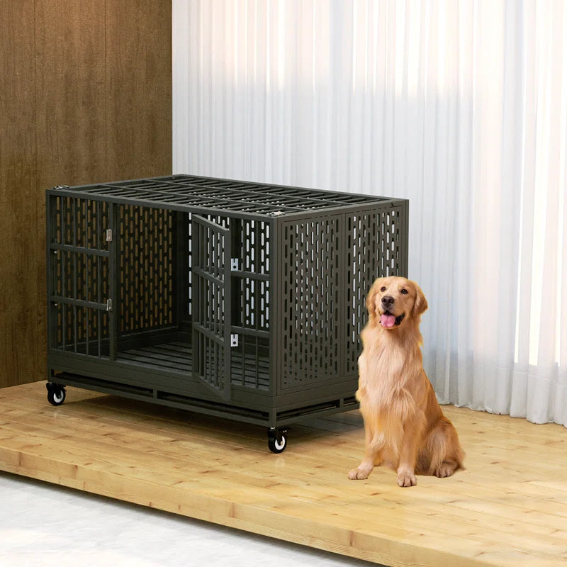 RERORD 48-Inch Heavy Duty Dog Crate with Wheels – Extra Large Folding Metal Dog Cage